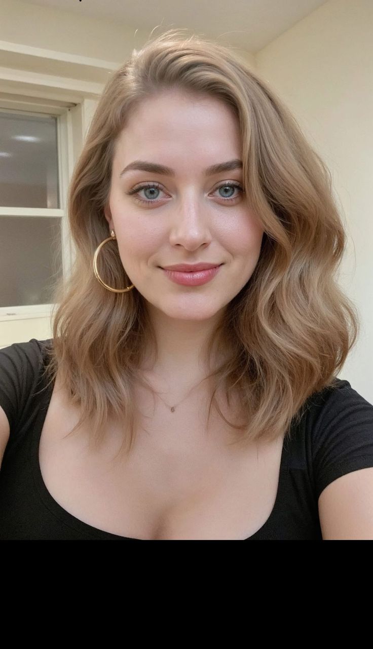 Woman with blonde wavy hair and blue eyes wearing a black top and gold hoop earrings
