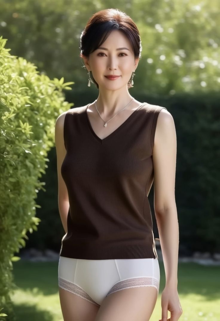 Woman in a brown sleeveless top and white underwear in a garden
