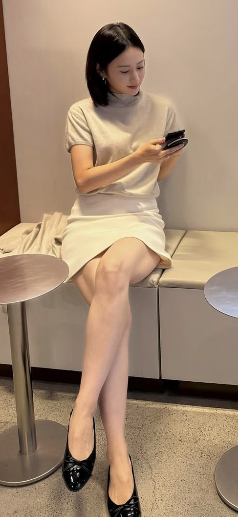 Woman with short black hair wearing a beige top and white mini skirt, sitting indoors