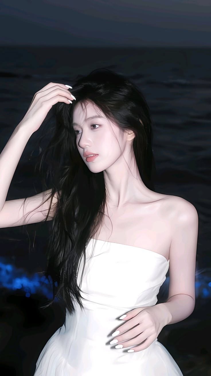 Woman with long black hair in a white strapless dress against a dark background