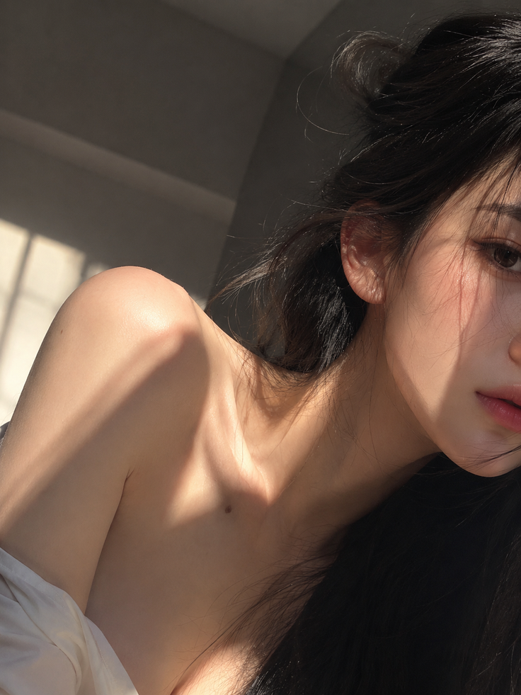 Woman with long dark hair and exposed shoulders in soft natural light
