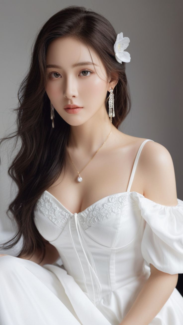 Woman with long dark hair wearing a white dress and pearl necklace