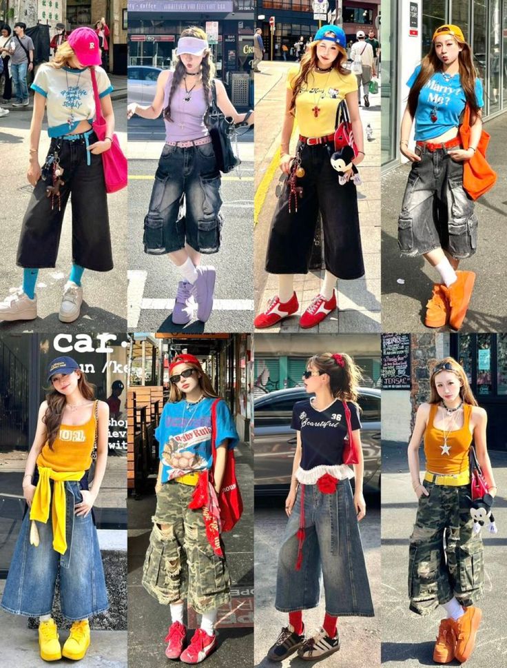 Eight women in various street style outfits featuring wide-leg pants and crop tops