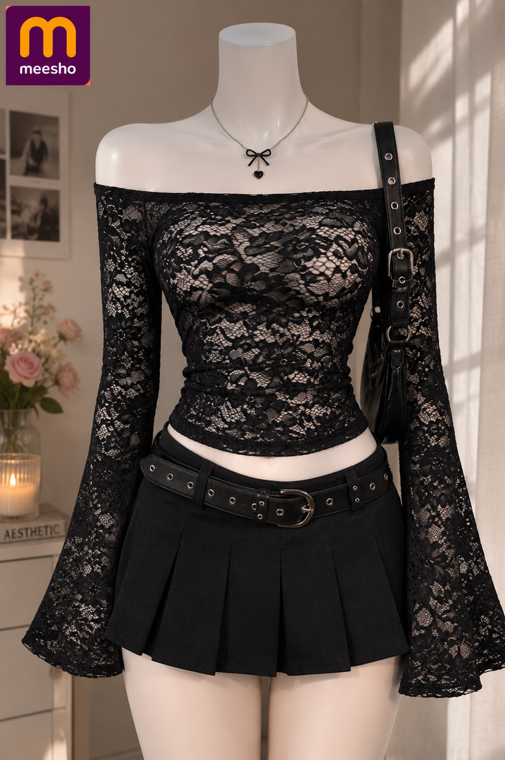 Mannequin wearing a black lace off-shoulder top and a pleated mini skirt