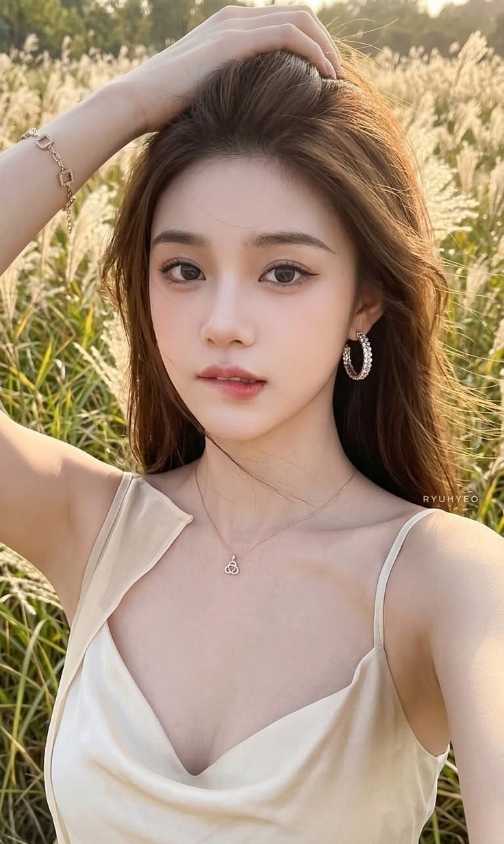 Woman with long hair wearing a light colored top and jewelry outdoors