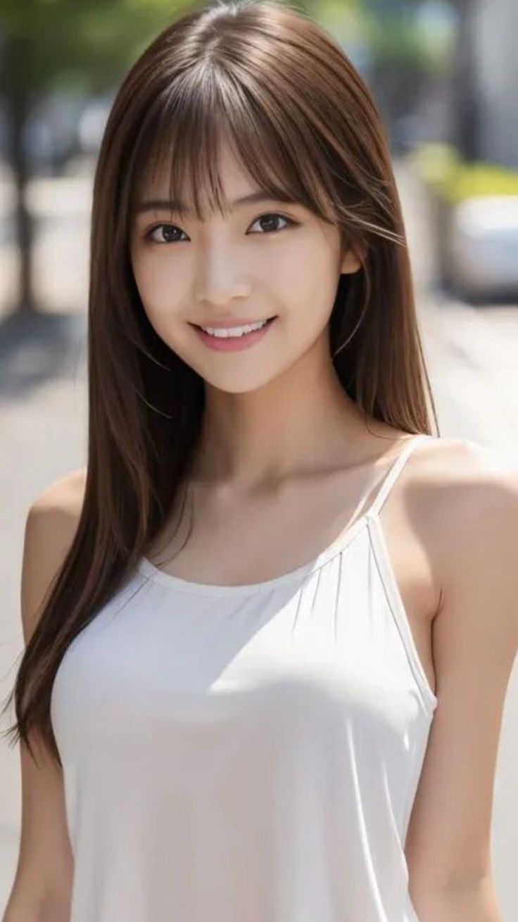 Smiling woman with long brown hair wearing a white top outdoors