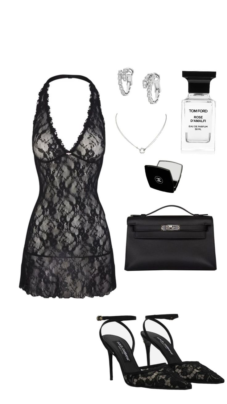 Collection of black lace lingerie, high heels, and luxury accessories