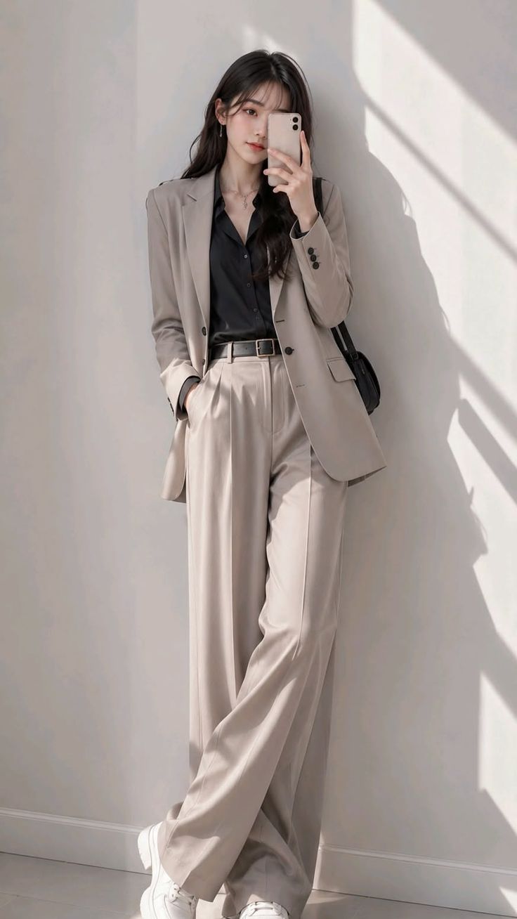 Woman in a beige suit and black shirt taking a mirror selfie