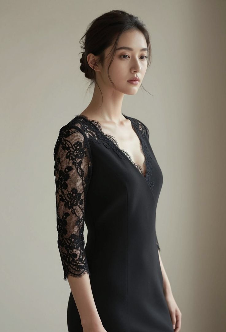 Woman in a black dress with lace sleeves and an updo hairstyle