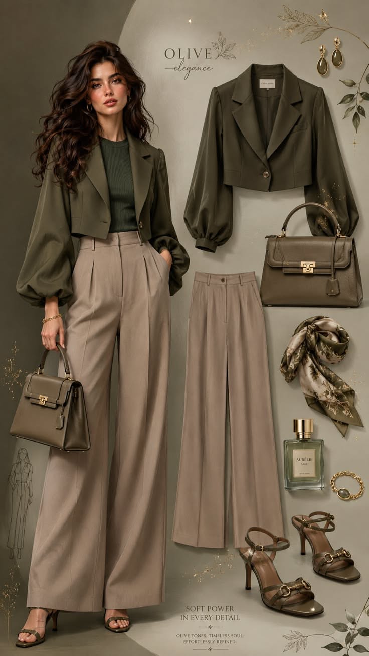Woman in an olive green outfit with matching accessories and separate clothing items