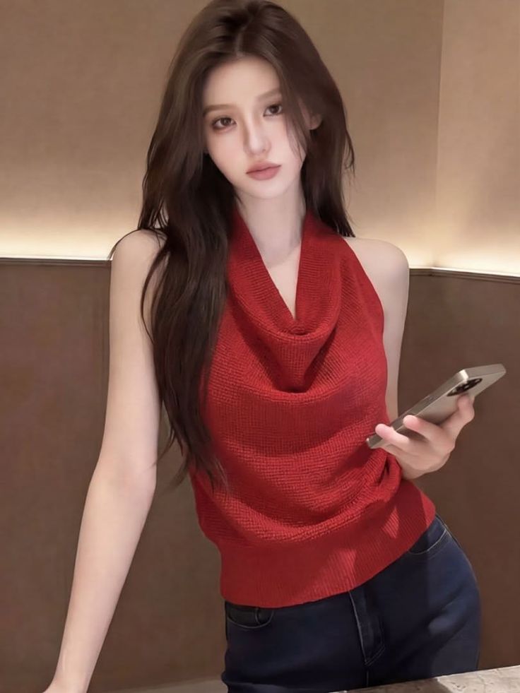 Woman with long hair wearing a red top and jeans, holding a phone indoors