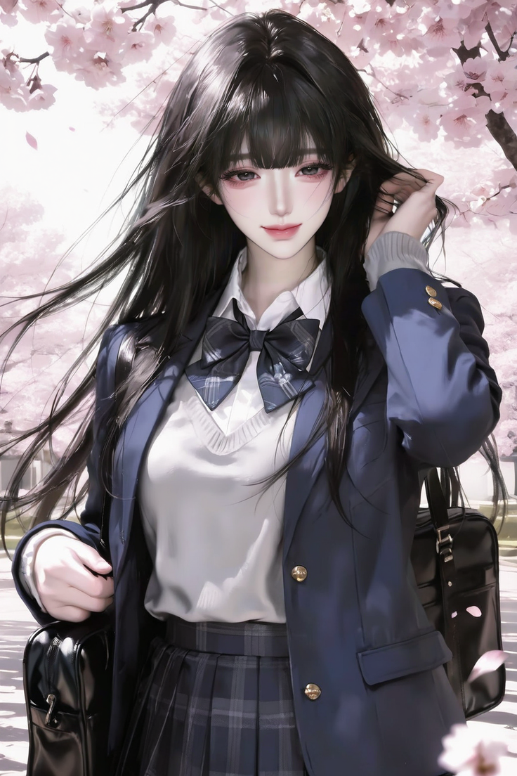 Anime girl in a school uniform with long black hair under cherry blossoms