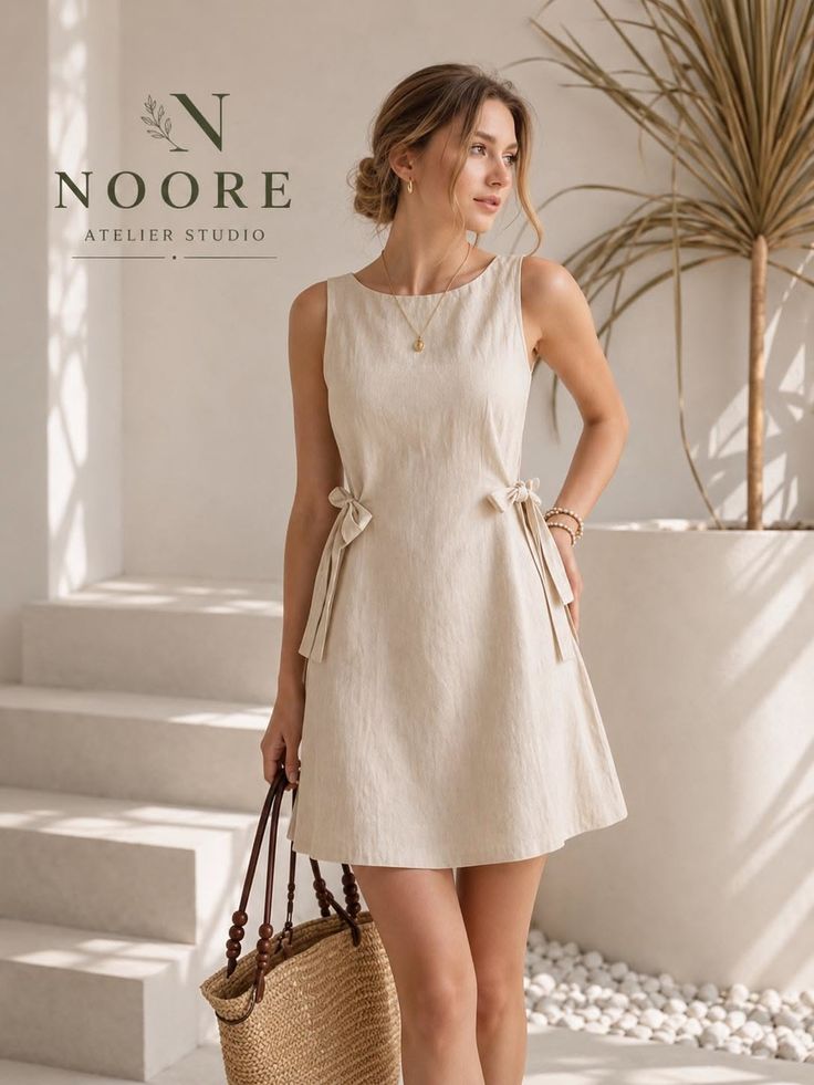 Woman in a beige sleeveless dress holding a straw bag indoors