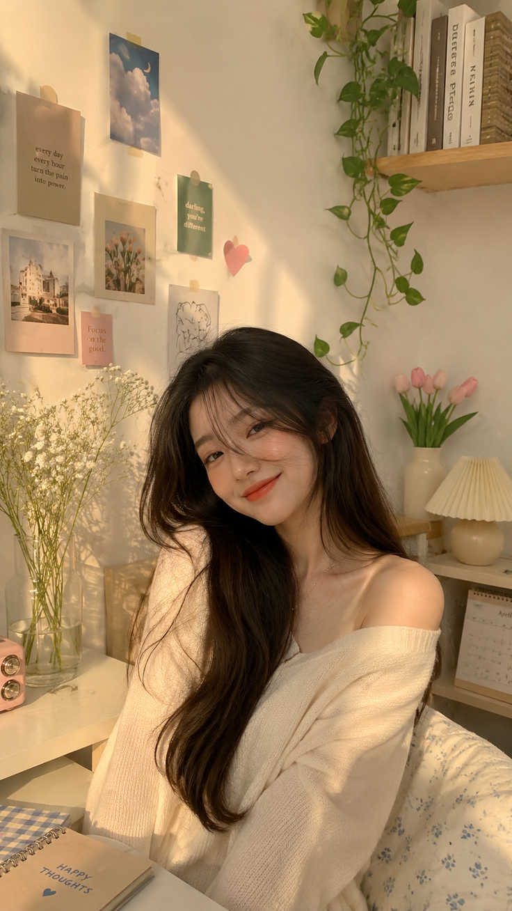 Woman with long dark hair wearing an off-shoulder sweater in soft, warm lighting