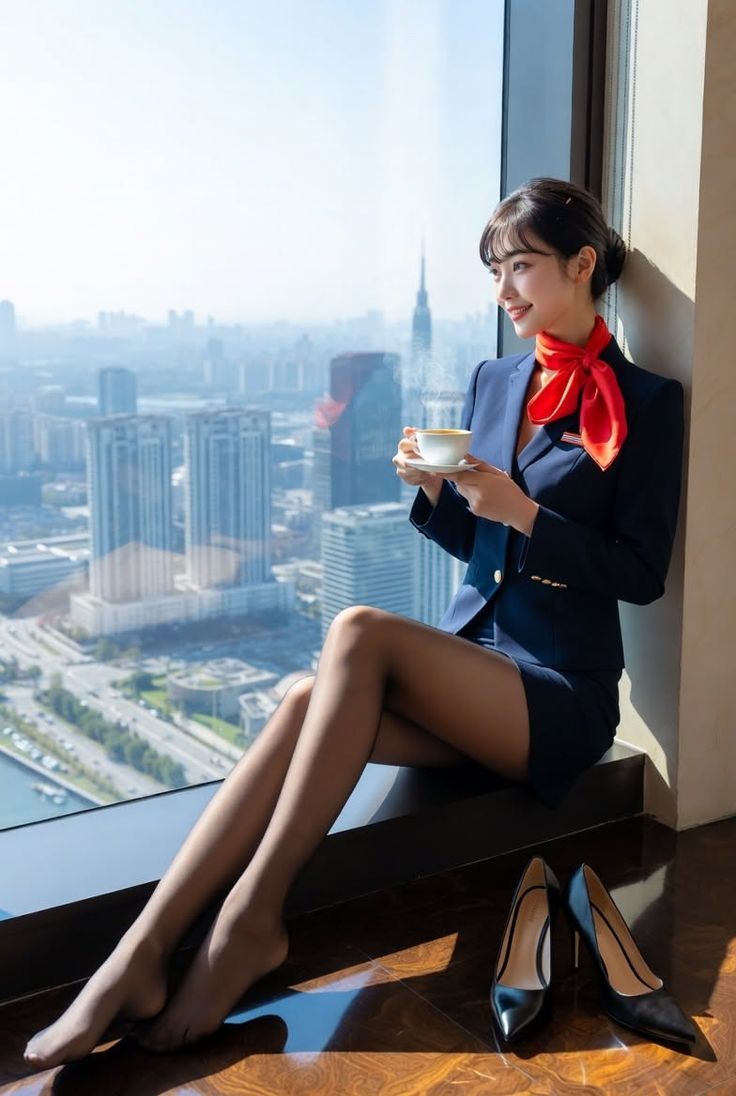 Woman in a flight attendant uniform sitting by a window overlooking a cityscape