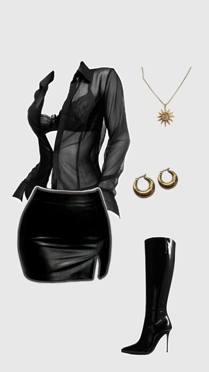 Fashion flat lay with a sheer black shirt, mini skirt, and gold jewelry