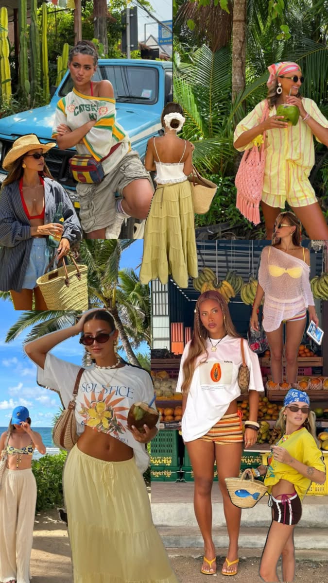 Collage of women in various summer outfits in tropical and outdoor settings