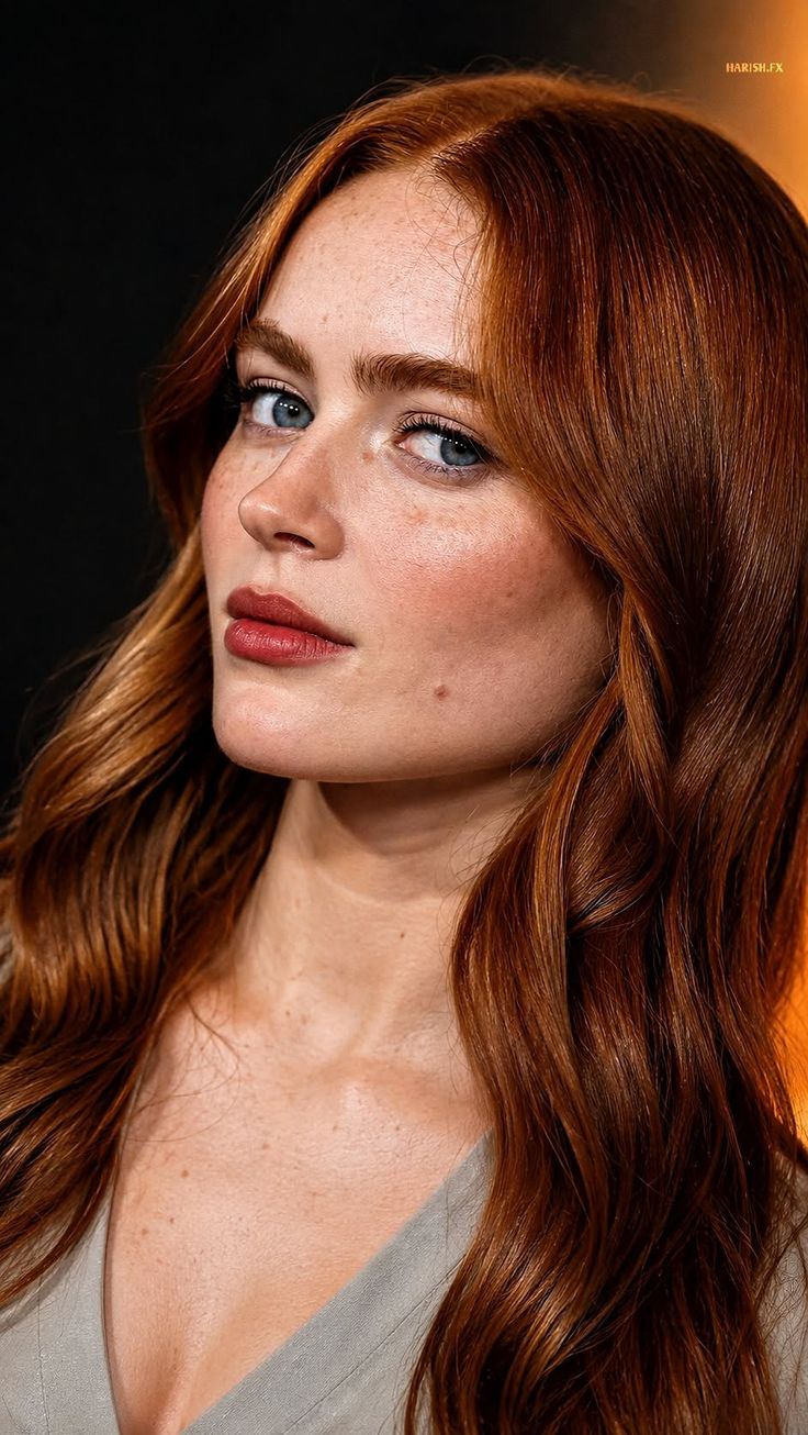 Woman with red wavy hair and blue eyes looking directly at the viewer