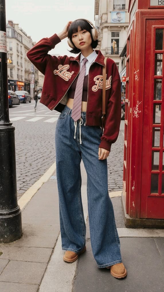 Woman with short hair and headphones wearing a red jacket and wide leg jeans on a street