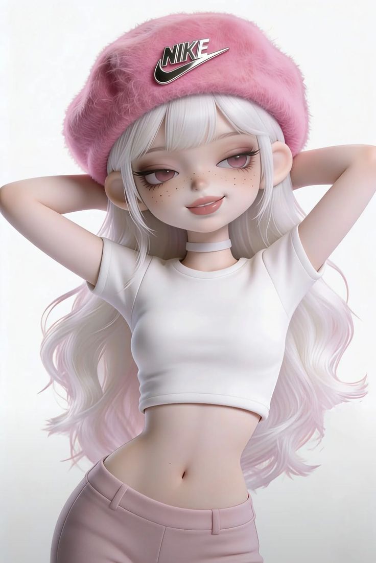 3D render of a girl with long white hair, pink beret, and white crop top