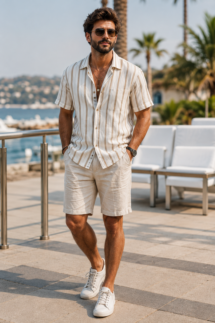 Man in a striped shirt and shorts standing outdoors near the water