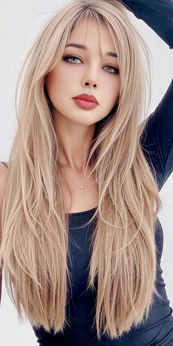 Woman with long blonde hair and red lipstick wearing a black top and necklace