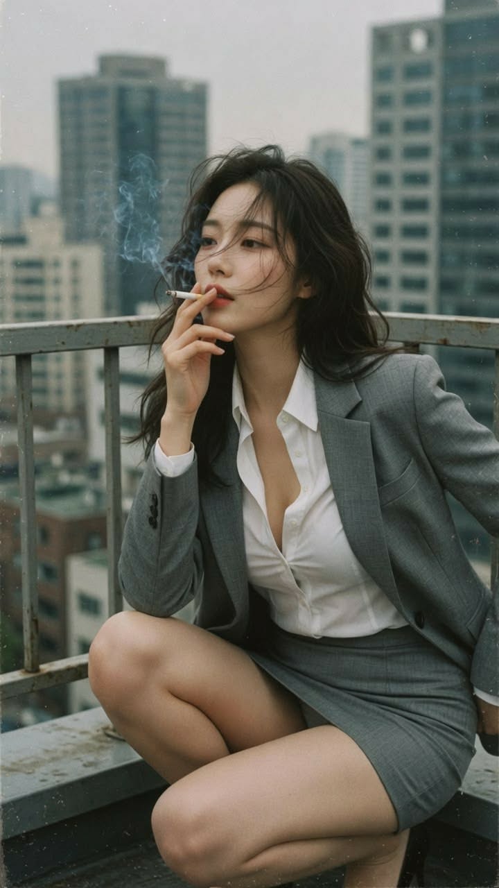 Woman in a suit jacket and mini skirt smoking on a rooftop