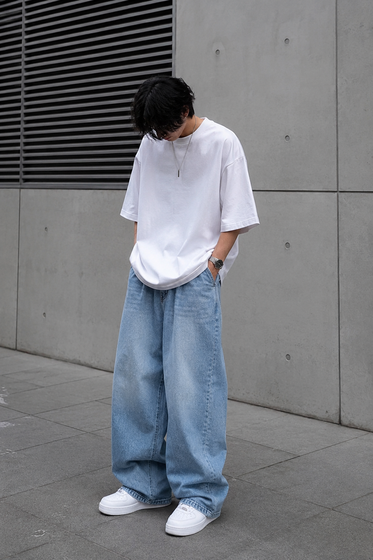 Person in an oversized white t-shirt and baggy jeans standing outdoors