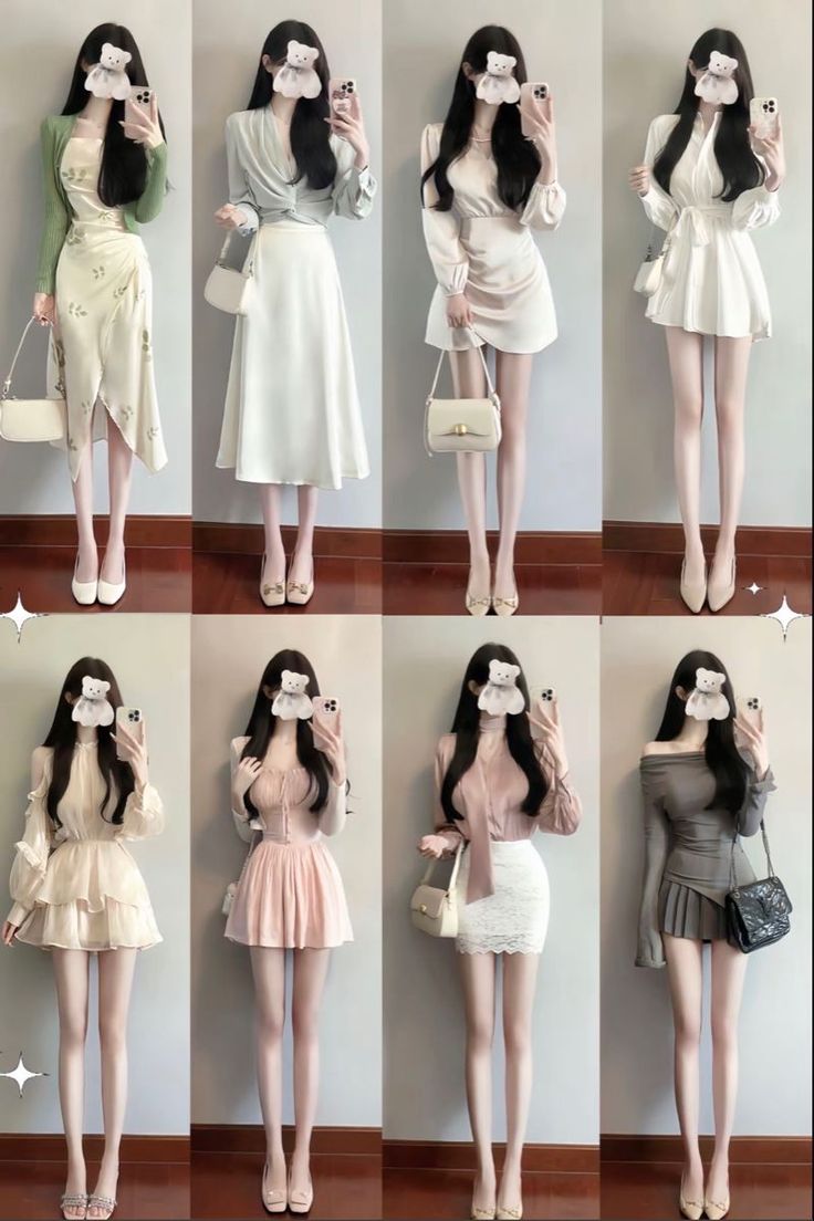Multiple women in various dresses and skirts holding handbags indoors