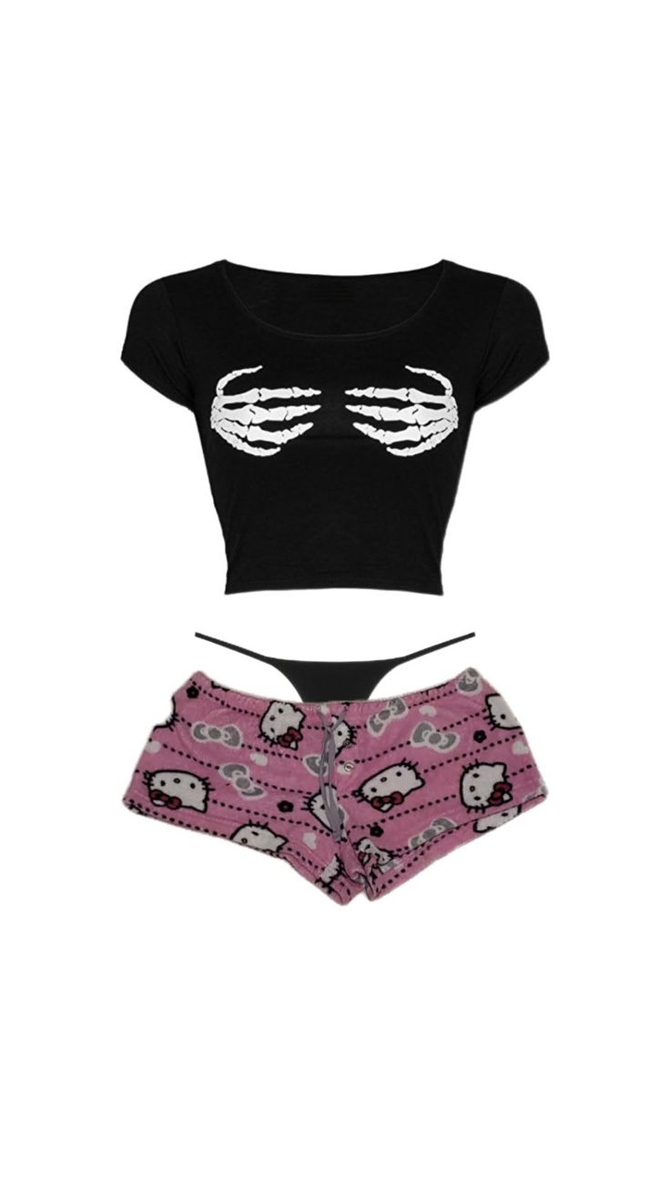Black crop top with skeleton hands and pink Hello Kitty shorts with thong