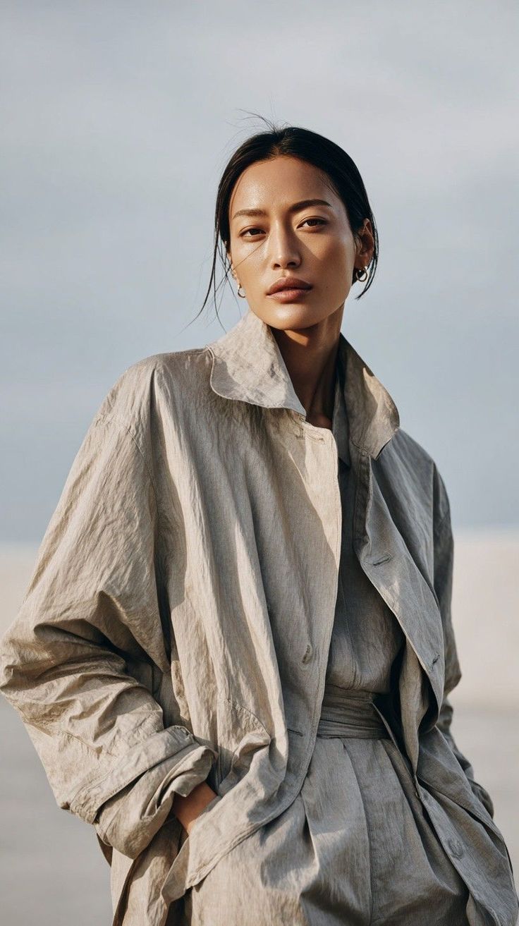 Woman in a light trench coat outdoors with soft natural lighting
