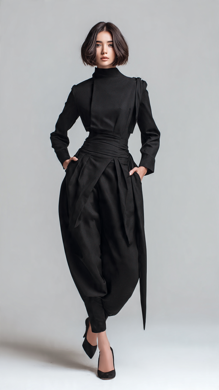 Woman in a black high-fashion outfit posing in a studio