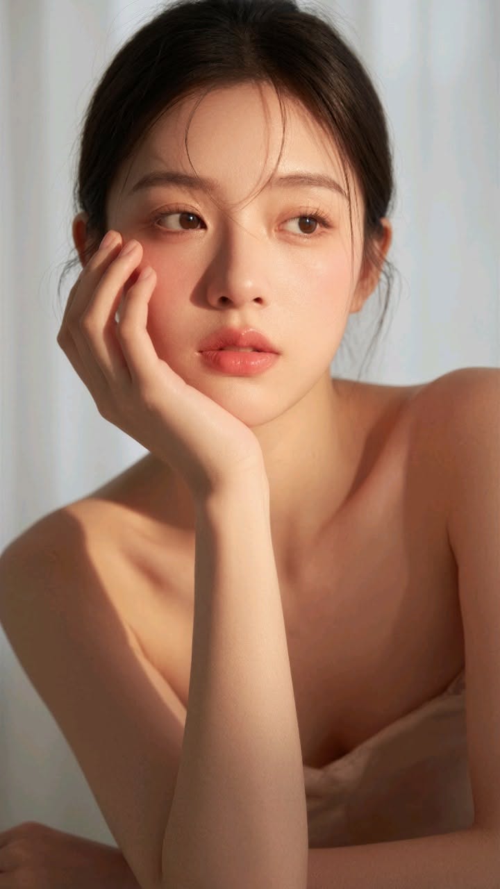 Woman with dark hair and natural makeup in soft, warm lighting