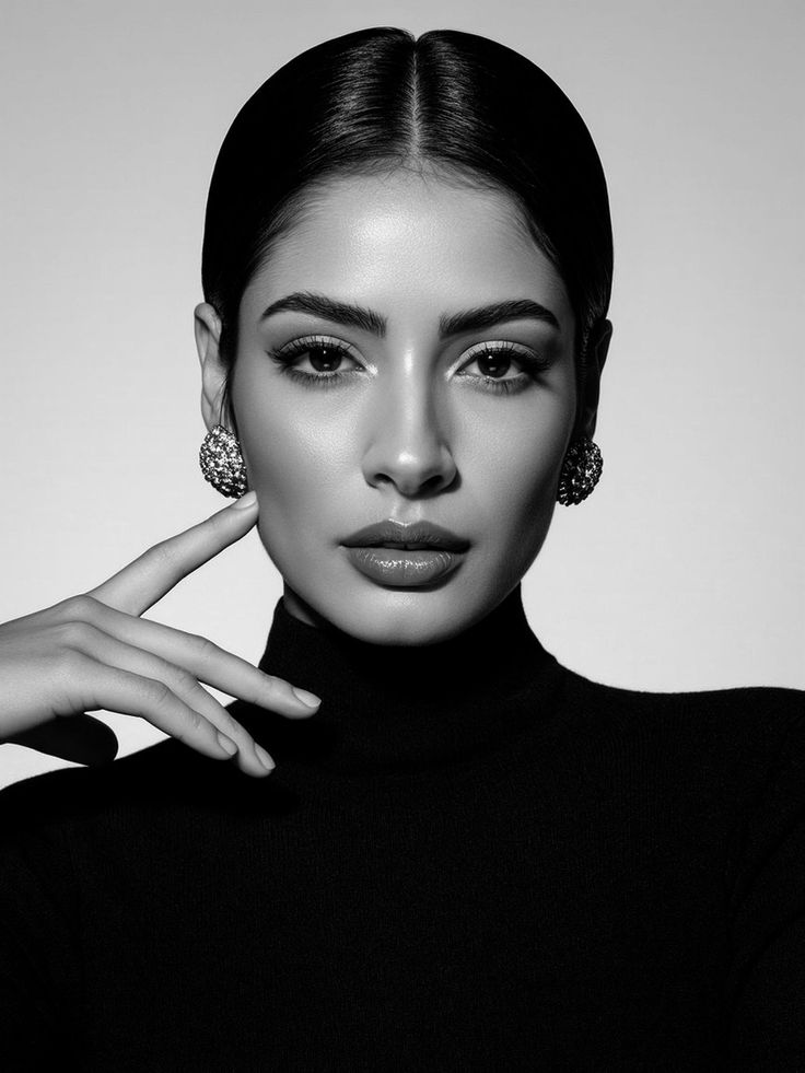 Woman in a black turtleneck with slicked back hair and large earrings