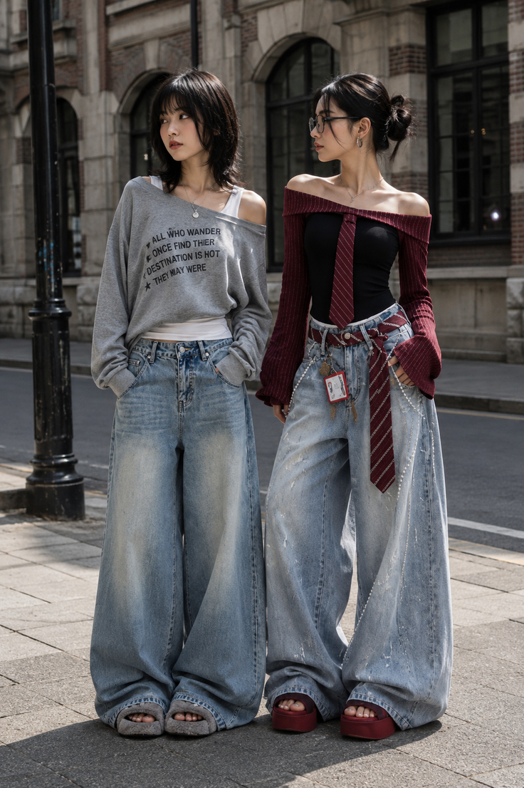 Two women in wide leg jeans and off-shoulder tops standing on a city street