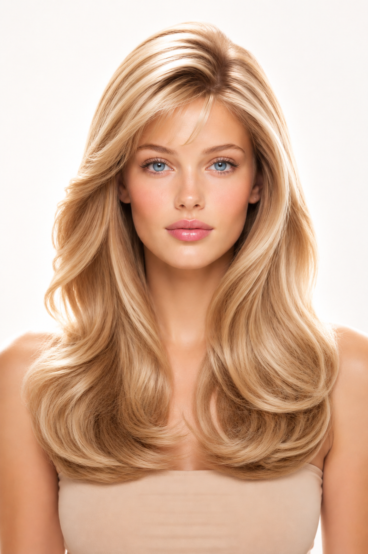 Woman with long blonde wavy hair and blue eyes in a studio portrait