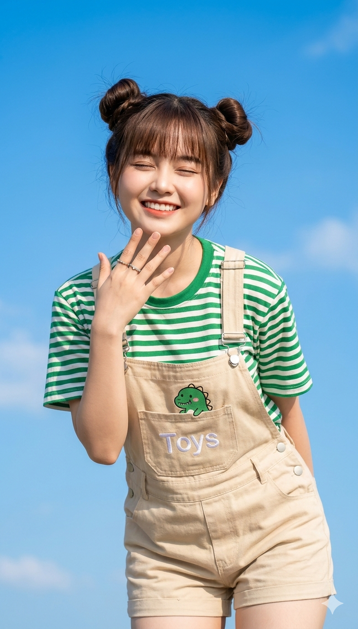 Young woman with space buns and overalls smiling under a blue sky