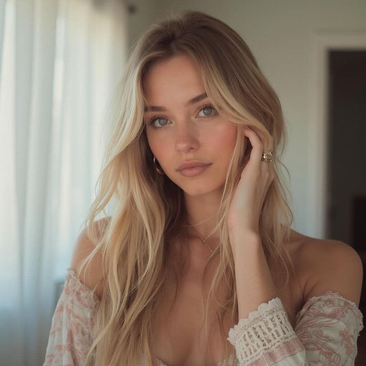 Blonde woman with long hair wearing an off-shoulder top indoors