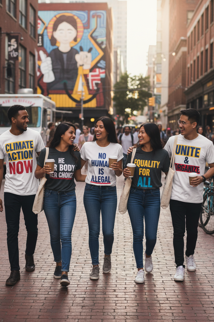 Five young adults walking down a city street, smiling and holding coffee cups