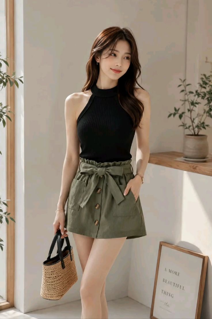 Woman in a black halter top and olive green shorts holding a straw bag indoors