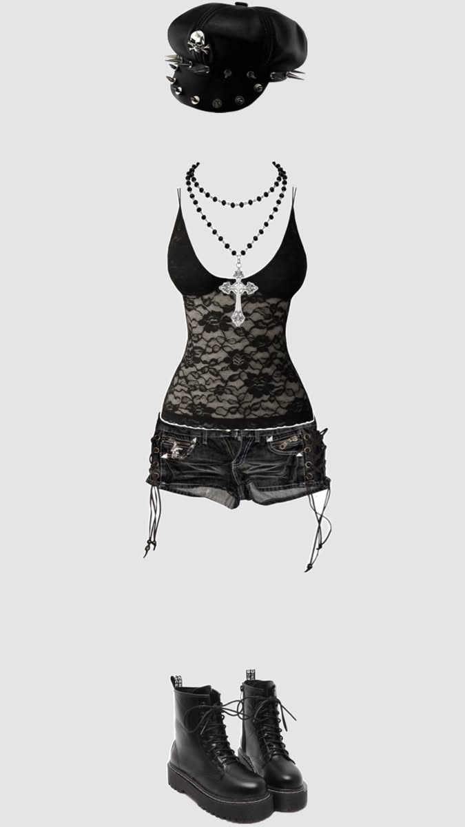 Gothic-style outfit with a lace top, denim shorts, combat boots, and spiked hat