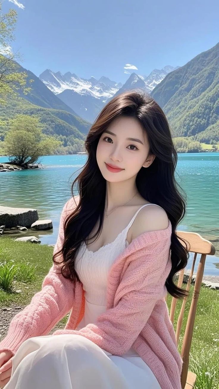 Woman with long dark hair in a pink cardigan by a mountain lake