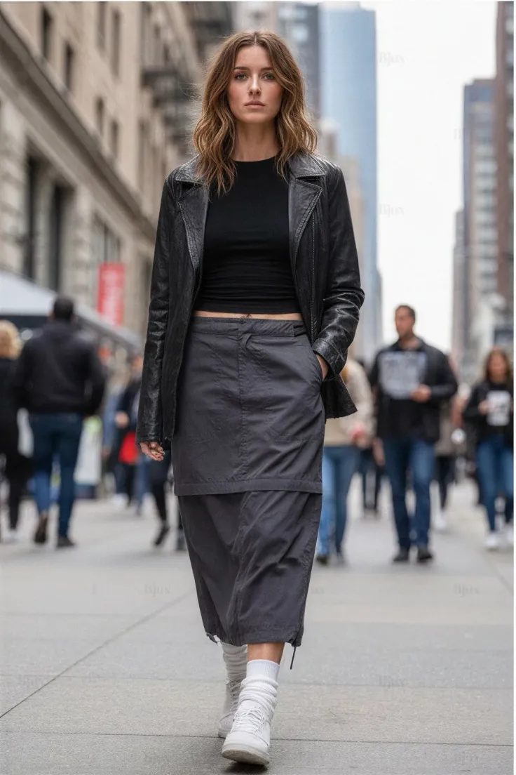 Woman in a black leather jacket and midi skirt walking on a city street