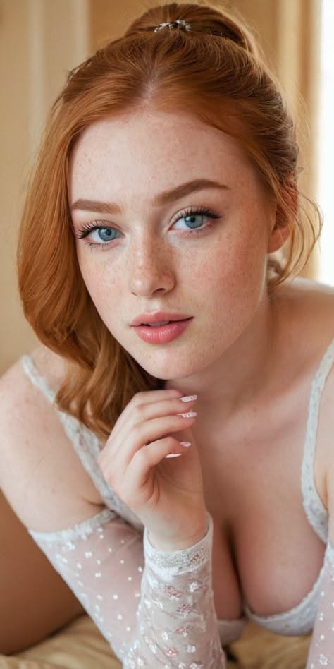 Woman with red hair and blue eyes wearing white lingerie, looking at the camera