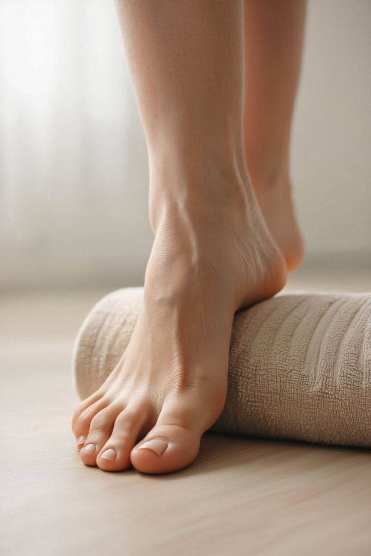 Bare feet on a rolled towel on a wooden floor