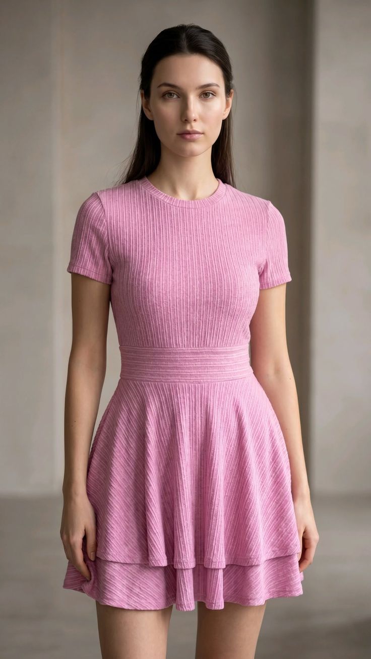 Woman in a pink ribbed dress standing indoors