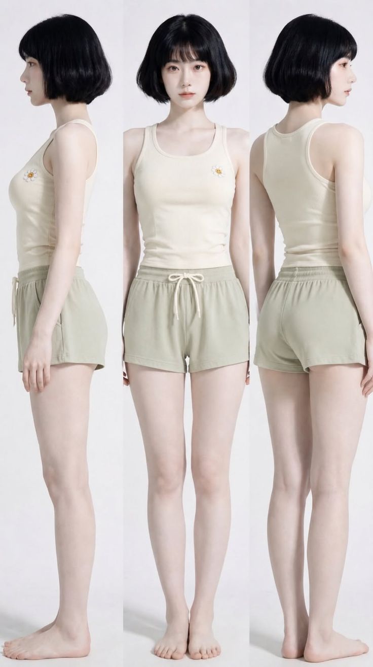 Woman with short black hair in a tank top and shorts, shown from multiple angles