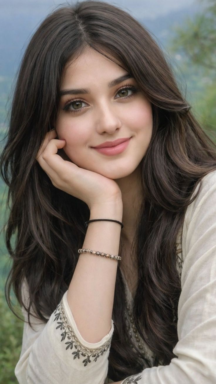 Woman with long brown hair and green eyes, wearing an embroidered shirt outdoors