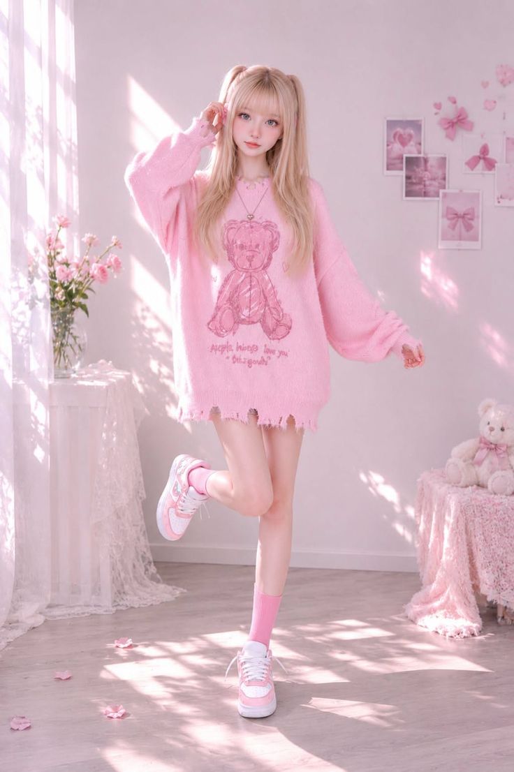 Woman in a pink teddy bear sweater and pigtails in a pink-themed room