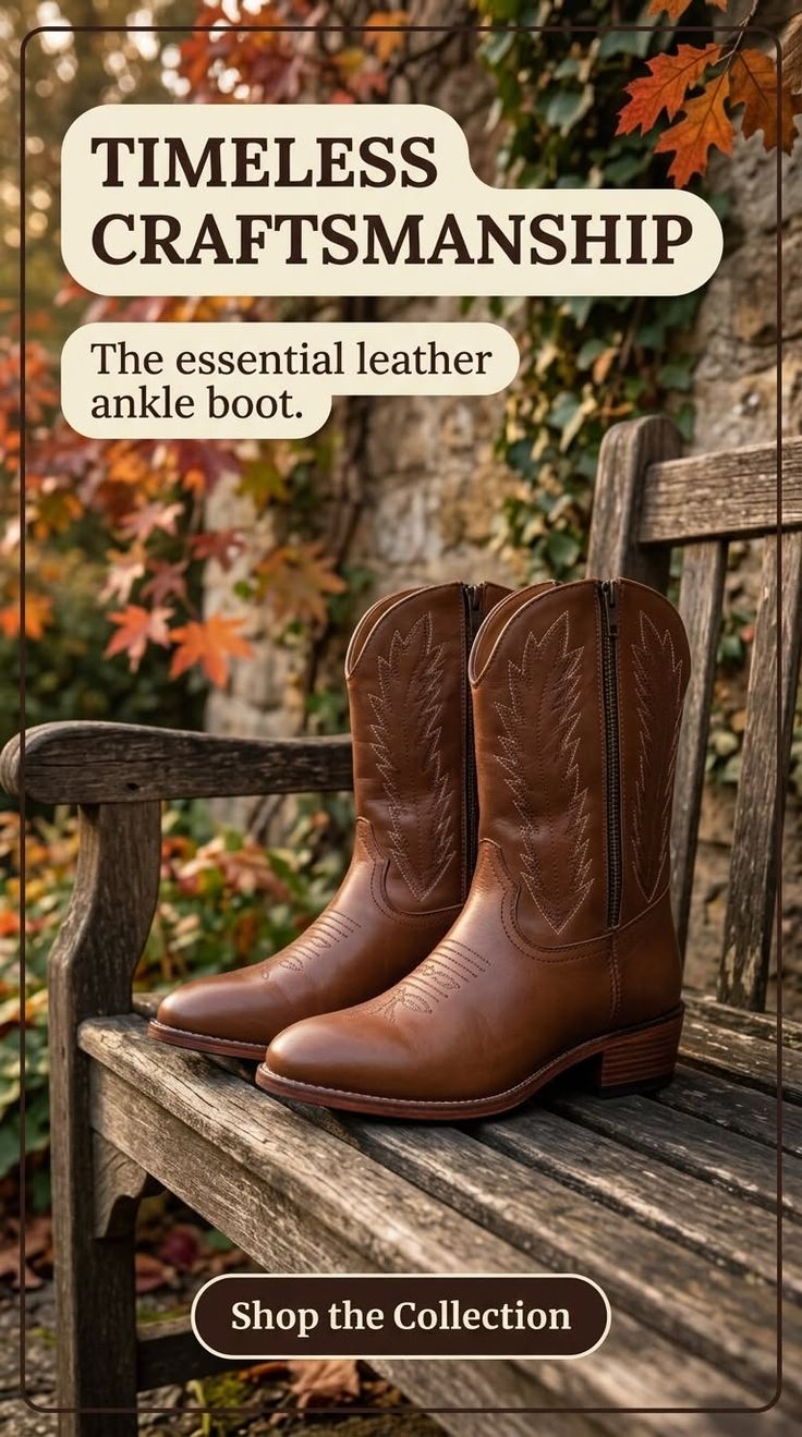 Pair of brown leather cowboy boots on a wooden bench outdoors with autumn leaves